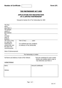 Number of Certificate  Form LP1 THE PARTNERSHIP ACT 1909 APPLICATION FOR REGISTRATION