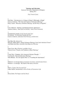 Theology and Liberation Syracuse University, Department of Religion Spring 2012 Prof. Vincent Lloyd  1.