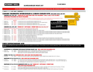 [removed]SUPERCHARGER PRICE LIST All kits listed below are satin manifolds with black supercharger and drive. See individual kits for polished pricing. PART #