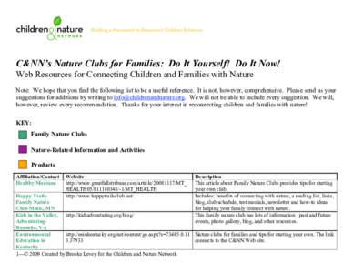C&NN’s Nature Clubs for Families: Do It Yourself! Do It Now! Web Resources for Connecting Children and Families with Nature Note: We hope that you find the following list to be a useful reference. It is not, however, c