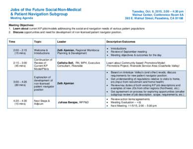 Jobs of the Future Social/Non-Medical & Patient Navigation Subgroup Tuesday, Oct. 6, 2015, 2:00 – 4:30 pm Walnut Center, Conference Room 6A 393 E. Walnut Street, Pasadena, CA 91188