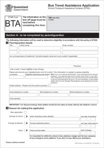 Bus Travel Assistance Application School Transport Assistance Scheme (STAS) DTMR Code  BTA