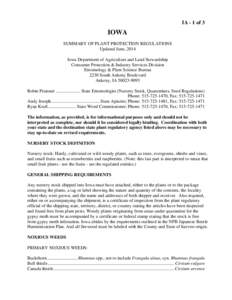 IA - 1 of 3  IOWA SUMMARY OF PLANT PROTECTION REGULATIONS Updated June, 2014 Iowa Department of Agriculture and Land Stewardship