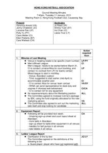 HONG KONG NETBALL ASSOCIATION Council Meeting Minutes 7:40pm, Tuesday 11 January, 2011 Meeting Room 3, Hong Kong Football Club, Causeway Bay Present Veronica Arnold (VA)