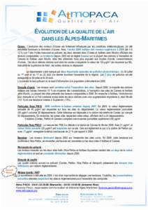 ÉVOLUTION DE LA QUALITE DE L’AIR DANS LES ALPES-MARITIMES Ozone : L’évolution des niveaux d’ozone est fortement influencée par les conditions météorologiques. Un été ensoleillé favorisera la formation d’o