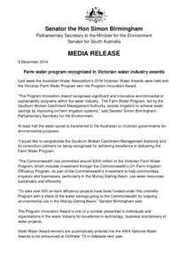 Farm water program recognised in Victorian water industry awards - media release 8 December 2014