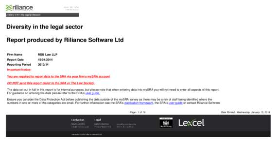 Diversity in the legal sector Report produced by Riliance Software Ltd Firm Name MSB Law LLP