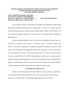 NC DHSR: Declaratory Ruling for Universal Properties/Fuquay-Varina, LLC and Universal Healthcare/Fuquay-Varina, Inc.