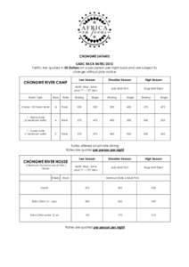 CHONGWE SAFARIS SADC RACK RATES|2013 Tariffs: Are quoted in US Dollars on a per person per night basis and are subject to change without prior notice  CHONGWE RIVER CAMP