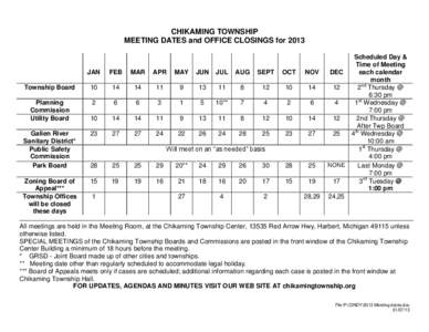 CHIKAMING TOWNSHIP MEETING DATES and OFFICE CLOSINGS for 2013 JAN  FEB
