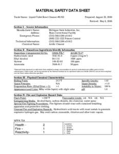 MATERIAL SAFETY DATA SHEET Trade Name: Liquid Toilet Bowl Cleaner #8762 Prepared: August 25, 2000 Revised: May 8, 2006