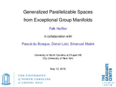 Generalized Parallelizable Spaces from Exceptional Group Manifolds Falk Haßler in collaboration with  Pascal du Bosque, Dieter Lust,