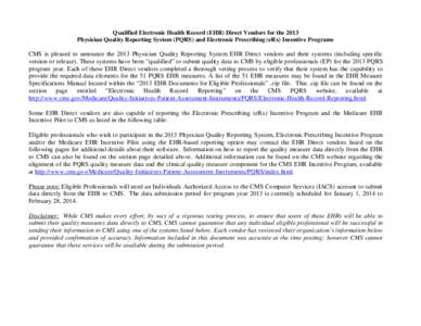 Qualified Electronic Health Record (EHR) Direct  Vendors for the 2013 PQRS and Electronic Prescribing Incentive Programs