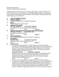 Regular Meeting Minutes Ivan “Ike” Ackerman Council Chambers A Regular Meeting of the Waverly City Council was held on May 5, 2014 at 7:00 P. M.in the Ivan “Ike” Ackerman Council Chambers at City Hall. Mayor Infe