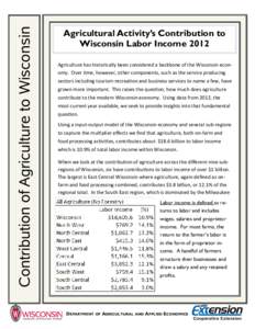 Contribution of Agriculture to Wisconsin  Agricultural Activity’s Contribution to Wisconsin Labor Income 2012 Agriculture has historically been considered a backbone of the Wisconsin economy. Over time, however, other 