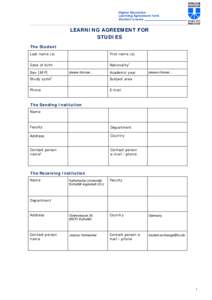 Higher Education Learning Agreement form Student’s name LEARNING AGREEMENT FOR STUDIES