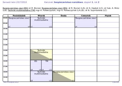 Semestr letniKierunek: bezpieczeństwo narodowe, stopień 1, rok 2 Bezpieczenstwo sieci [BS] dr R. Bocian; Bezpieczeństwo sieci [BS], dr R. Bocian (LA), dr A. Hajduk (LC), dr hab. A. Mróz (LB); Techniki mul