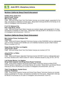June 2013 –Disciplinary Actions Northern California Smog Check Enforcement Holiday Smog, Santa Cruz Sherry Foster, Partner Mike Foster, Partner Order: ARD and Smog Check Test Only Station licenses are revoked, stayed, 