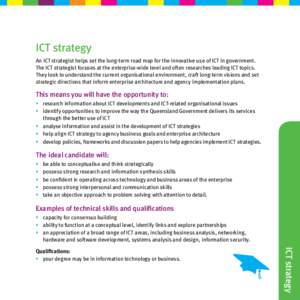 ICT strategy An ICT strategist helps set the long-term road map for the innovative use of ICT in government. The ICT strategist focuses at the enterprise-wide level and often researches leading ICT topics. They look to u