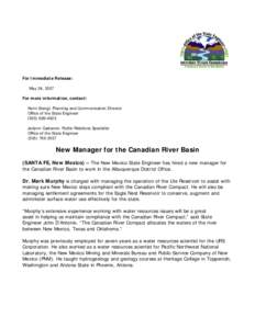 For Immediate Release: May 24, 2007 For more information, contact: Karin Stangl, Planning and Communication Director Office of the State Engineer[removed]