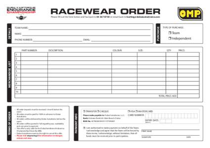 RACEWEAR ORDER TEAM NAME: PURCHASE  DETAILS