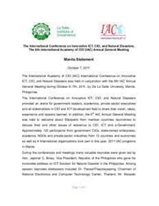 La Salle Institute of Governance The International Conference on Innovative ICT, CIO, and Natural Disasters, The 6th International Academy of CIO (IAC) Annual General Meeting