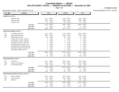 Cumulative Report — Official WALLER COUNTY, TEXAS — GENERAL ELECTIONS — November 04, 2008 Page 1 of:21 AM