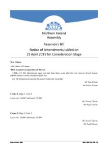 Northern Ireland Assembly Reservoirs Bill Notice of Amendments tabled on 23 April 2015 for Consideration Stage