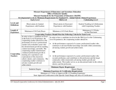 Missouri Department of Elementary and Secondary Education Office of Educator Quality Missouri Standards for the Preparation of Educators (MoSPE) Developmental Levels & Minimum Requirements for Standard #3 – Initial Fie