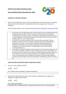 G20	
  Anti-­‐Corruption	
  Working	
  Group	
  	
    	
   Accountability	
  Report	
  Questionnaire	
  2014	
   	
  