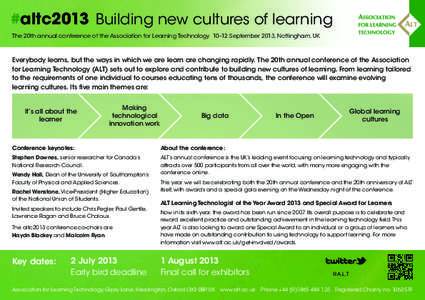 #altc2013  Building new cultures of learning The 20th annual conference of the Association for Learning Technology  10–12 September 2013, Nottingham, UK Everybody learns, but the ways in which we are learn are chan