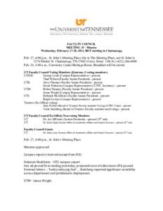 FACULTY COUNCIL MEETING 35 - Minutes Wednesday, February 27-28, 2013, BOT meeting in Chattanooga Feb. 27, 6:00 p.m., St. John’s Meeting Place (Go to The Meeting Place, not St. John’sMarket St. Chattanooga, TN 