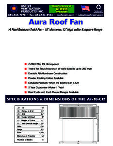 Aura Roof Fan A Roof Exhaust (Attic) Fan - 18” diameter, 12” high collar & square flange 2,200 CFM, 1/2 Horsepower Tested for Texas Insurance, at Wind Speeds up to 200 mph Durable All-Aluminum Construction