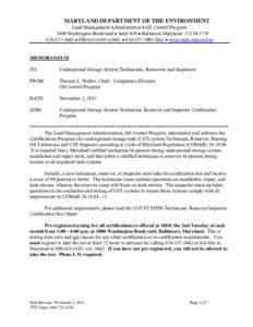 MARYLAND DEPARTMENT OF THE ENVIRONMENT  Land Management Administration  Oil Control Program 1800 Washington Boulevard  Suite 620  Baltimore Maryland[removed][removed]  [removed]x3442  [removed]