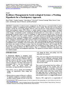 Copyright © 2002 by the author(s). Published here under licence by The Resilience Alliance. Walker, B., S. Carpenter, J. Anderies, N. Abel, G. Cumming, M. Janssen, L. Lebel, J. Norberg, G. D. Peterson, and R. Pritchard[removed]Resilience management in social-ecological systems: a working