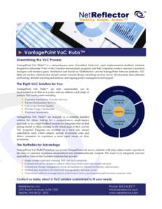 ► VantagePoint VoC Hubs™ Streamlining the VoC Process VantagePoint VoC Hubs™ is a comprehensive suite of bundled, fixed-cost, rapid implementation feedback solutions designed to streamline Voice of the Customer mea
