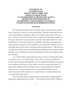 EPA: OCIR: Testimony of Matthew Hale Deputy Office Director Office of Solid Waste, May 4, 2004