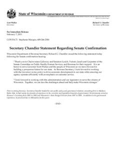 Wisconsin Revenue Secretary Chandler Statement Regarding Senate Confirmation