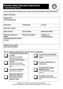 abc  Buckfast Abbey Education Department – Visit Booking Form