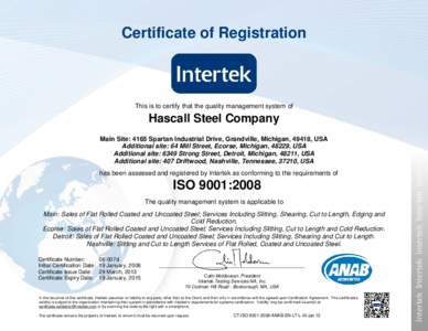 Certificate of Registration  This is to certify that the quality management system of Hascall Steel Company Main Site: 4165 Spartan Industrial Drive, Grandville, Michigan, 49418, USA