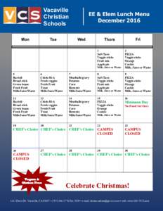 Vacaville Christian Schools Mon  EE & Elem Lunch Menu