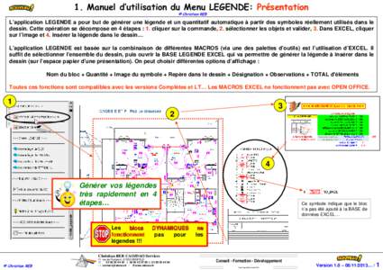 1. Manuel d’utilisation du Menu LEGENDE: Présentation © Christian REB L’application LEGENDE a pour but de générer une légende et un quantitatif automatique à partir des symboles réellement utilisés dans le de