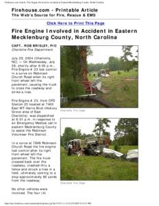 Firehouse.com Article: Fire Engine Involved in Accident in Eastern Mecklenburg County, North Carolina