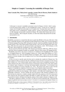 Simple or Complex? Assessing the readability of Basque Texts ´ Aranzabe, Arantza D´ıaz de Ilarraza, Haritz Salaberri Itziar Gonzalez-Dios, Mar´ıa Jesus IXA NLP Group University of the Basque Country (UPV/EHU) itziar