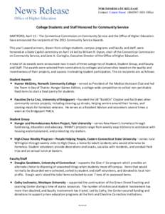 News Release  FOR IMMEDIATE RELEASE Contact: Connie FraserOffice  Office of Higher Education