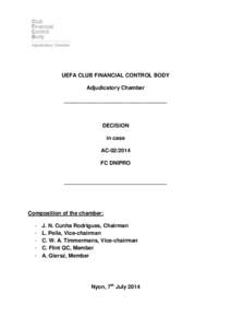 UEFA CLUB FINANCIAL CONTROL BODY Adjudicatory Chamber __________________________________ DECISION in case