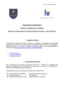 D.R. n. 191 del[removed]Università di Camerino FONDO DI ATENEO PER LA RICERCA Bando per il finanziamento di Progetti di Ricerca di Ateneo – Anno[removed]