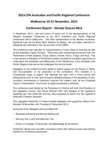 Microsoft Word[removed]CPA Australian and Pacific Regional Conference - Report by Wendy Duncan.docx