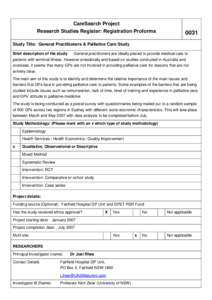 CareSearch Project Research Studies Register: Registration Proforma[removed]Study Title: General Practitioners & Palliative Care Study