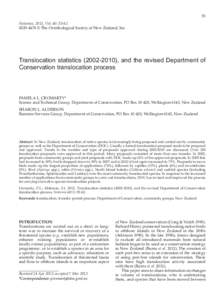 55 Notornis, 2013, Vol. 60: [removed] © The Ornithological Society of New Zealand, Inc. Translocation statistics[removed]), and the revised Department of Conservation translocation process